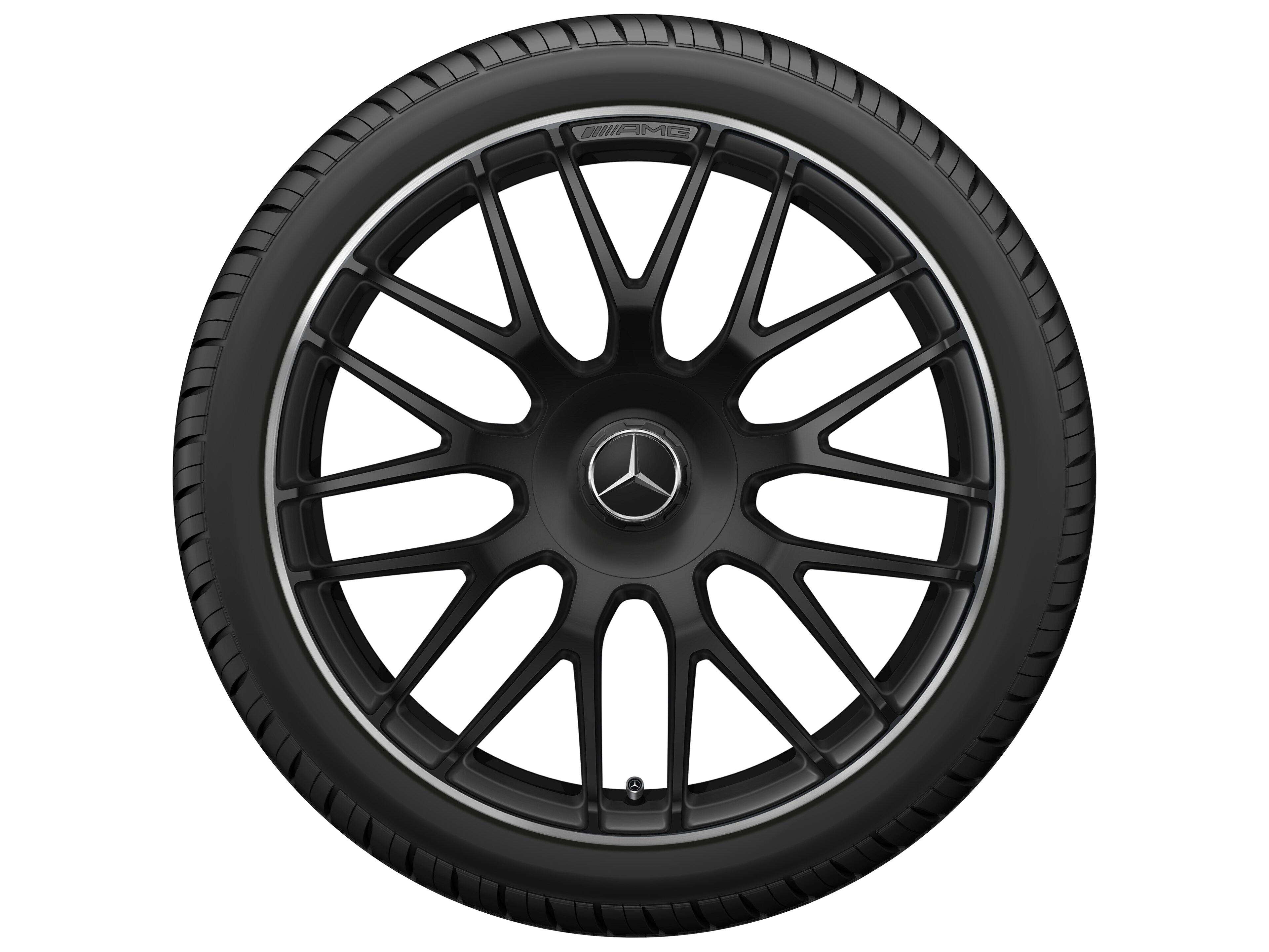 Mercedes-Benz -  AMG Schmiederad im Kreuzspeichen-Design, 19 Zoll, 8,5 J x 19 ET 38, schwarz matt, Felgenhorn glanzgedreht