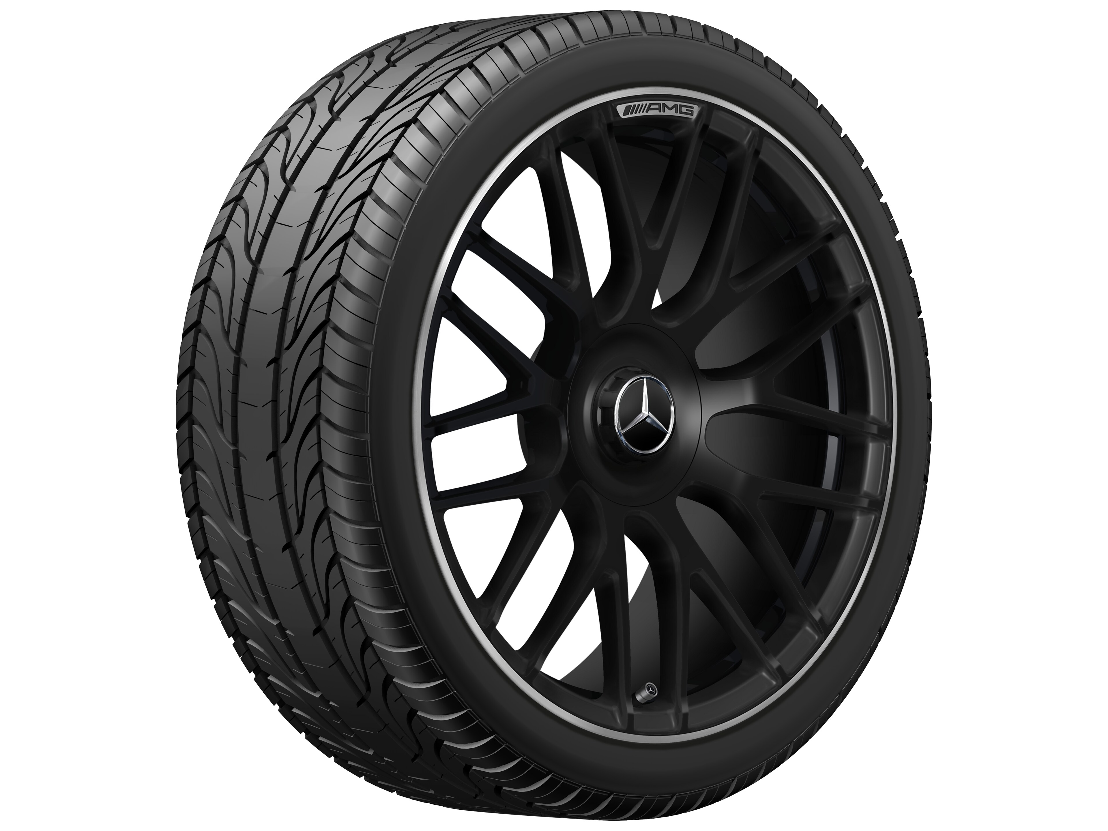 Mercedes-Benz -  AMG Schmiederad im Kreuzspeichen-Design, 19 Zoll, 8,5 J x 19 ET 38, schwarz matt, Felgenhorn glanzgedreht