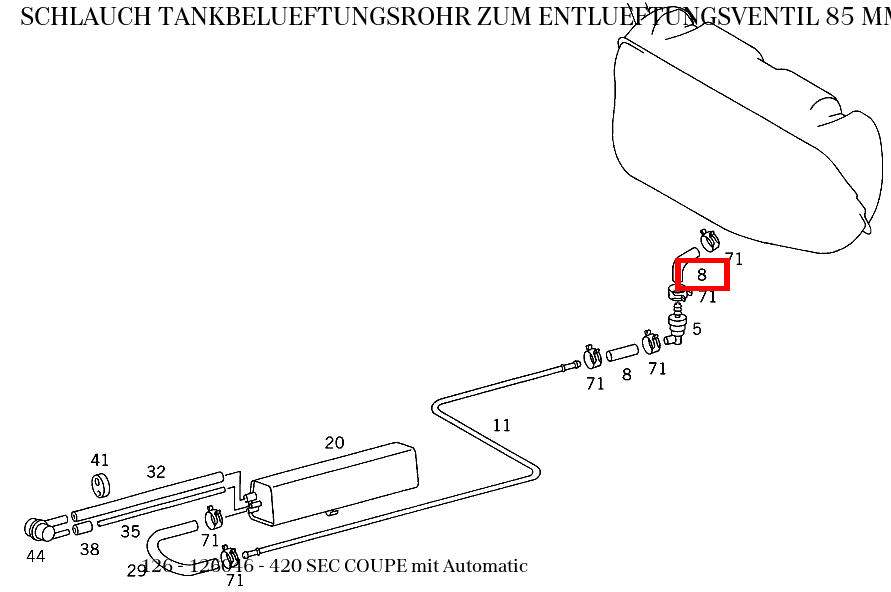 Schlauch TANKBELUEFTUNGSROHR ZUM ENTLUEFTUNGSVENTIL 85 MM; 7,3 X 3 MM 420 SEC COUPE mit Automatic 126 Schlauch TANKBELUEFTUNGSROHR ZUM ENTLUEFTUNGSVENTIL 85 MM; 7,3 X 3 MM 420 SEC COUPE mit Automatic 126