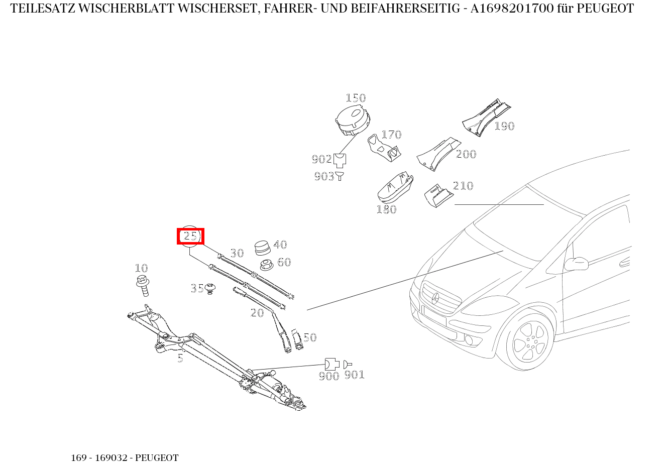 Teilesatz Wischerblatt WISCHERSET, FAHRER- UND BEIFAHRERSEITIG PEUGEOT 169