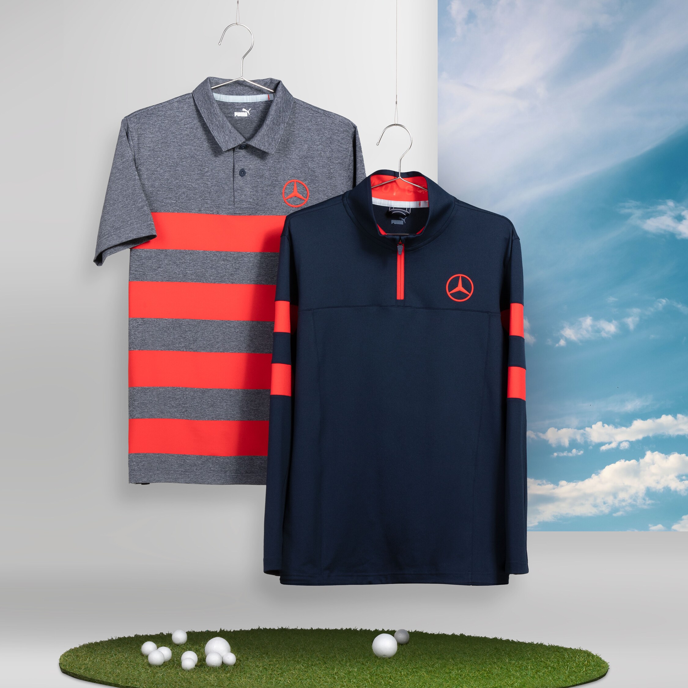 Mercedes-Benz - Men's golf polo shirt (grey/red) & Men's golf sweater (navy/red) Men's golf polo shirt (grey/red) & Men's golf sweater (navy/red)