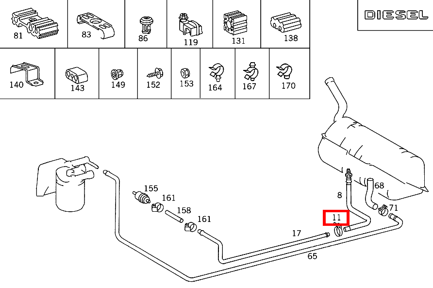 Schlauchschelle KRAFTSTOFFBEHAELTER ZUR FOERDERLEITUNG; 9-13 MM S 350 Turbodiesel 140 Schlauchschelle KRAFTSTOFFBEHAELTER ZUR FOERDERLEITUNG; 9-13 MM S 350 Turbodiesel 140