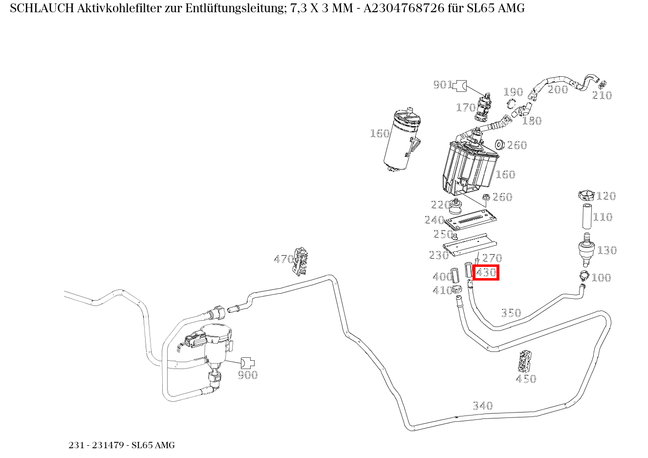 Schlauch Aktivkohlefilter zur Entlüftungsleitung; 7,3 X 3 MM SL65 AMG 231 Schlauch Aktivkohlefilter zur Entlüftungsleitung; 7,3 X 3 MM SL65 AMG 231