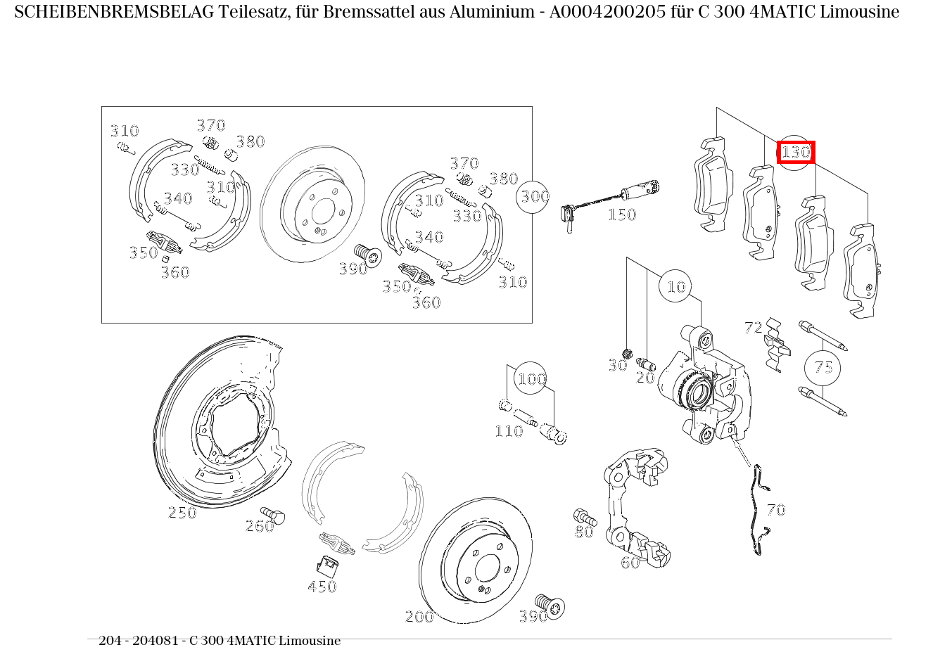 Scheibenbremsbelag Teilesatz, für Bremssattel aus Aluminium C 300 4MATIC Limousine 204 Scheibenbremsbelag Teilesatz, für Bremssattel aus Aluminium C 300 4MATIC Limousine 204