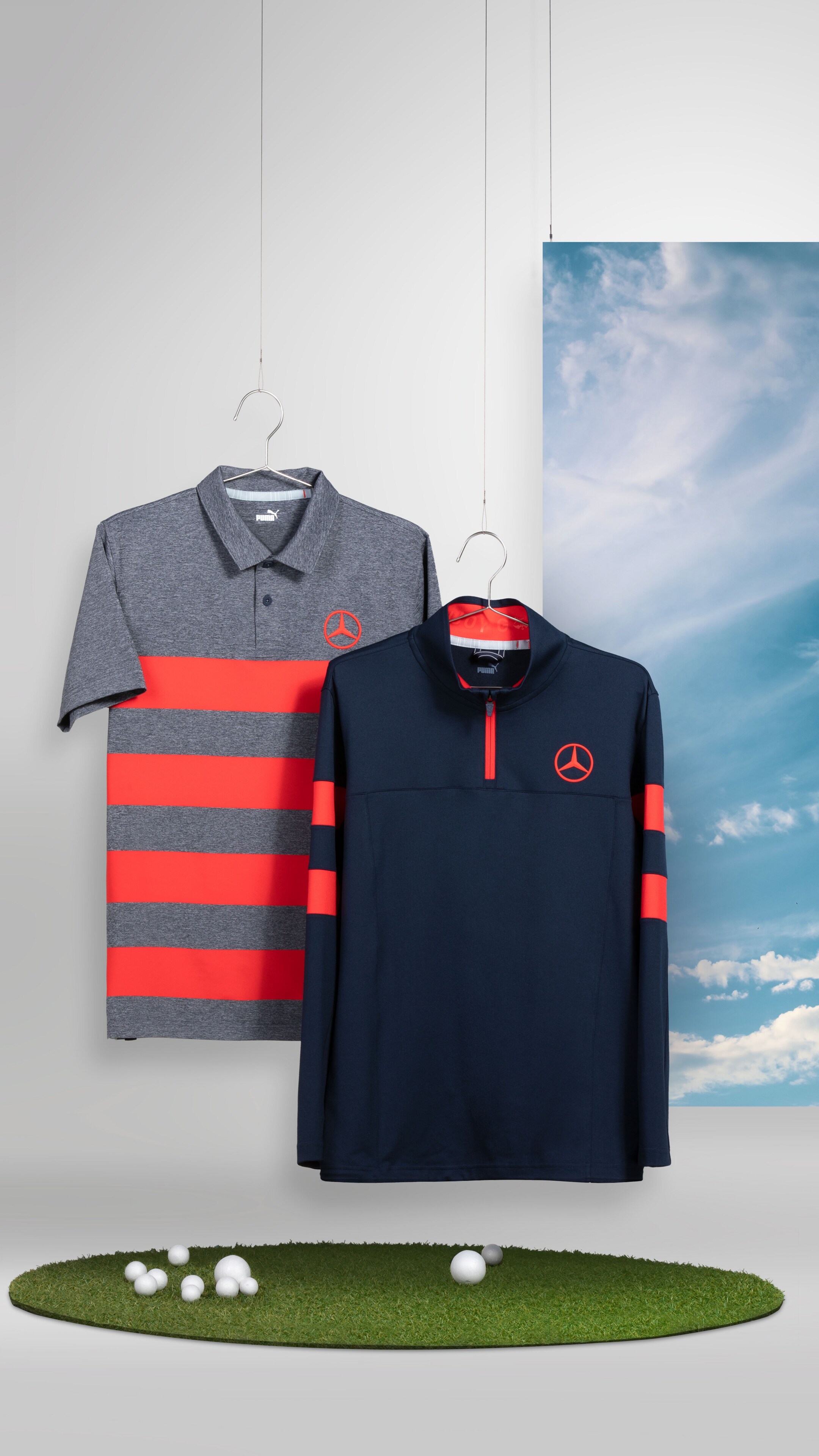 Mercedes-Benz - Men's golf polo shirt (grey/red) & Men's golf sweater (navy/red) Men's golf polo shirt (grey/red) & Men's golf sweater (navy/red)
