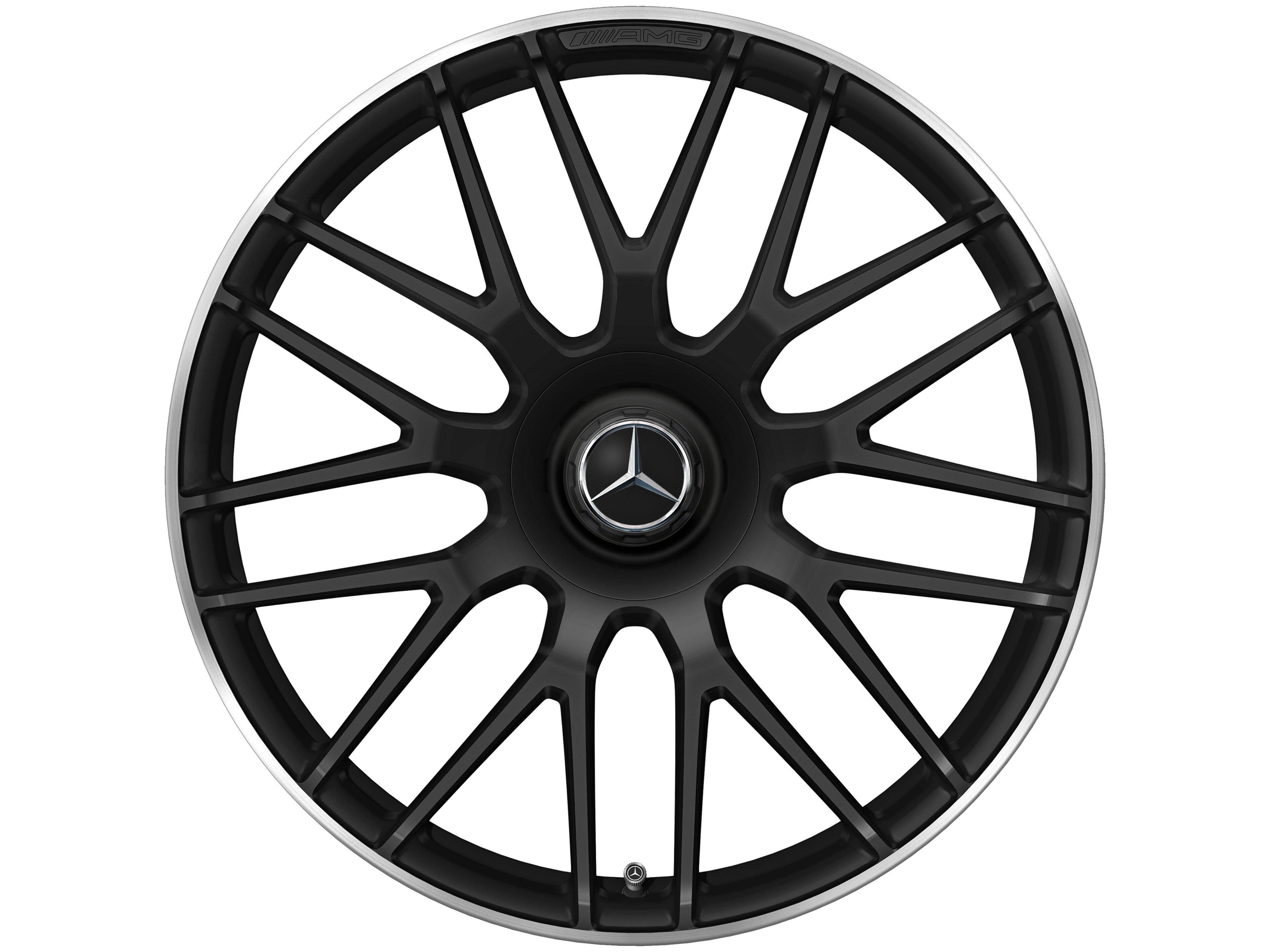 Mercedes-Benz -  AMG Schmiederad im Kreuzspeichen-Design, 19 Zoll, 8,5 J x 19 ET 38, schwarz matt, Felgenhorn glanzgedreht