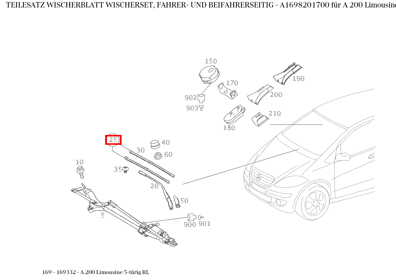 Teilesatz Wischerblatt WISCHERSET, FAHRER- UND BEIFAHRERSEITIG A 200 Limousine 5-türig RL 169
