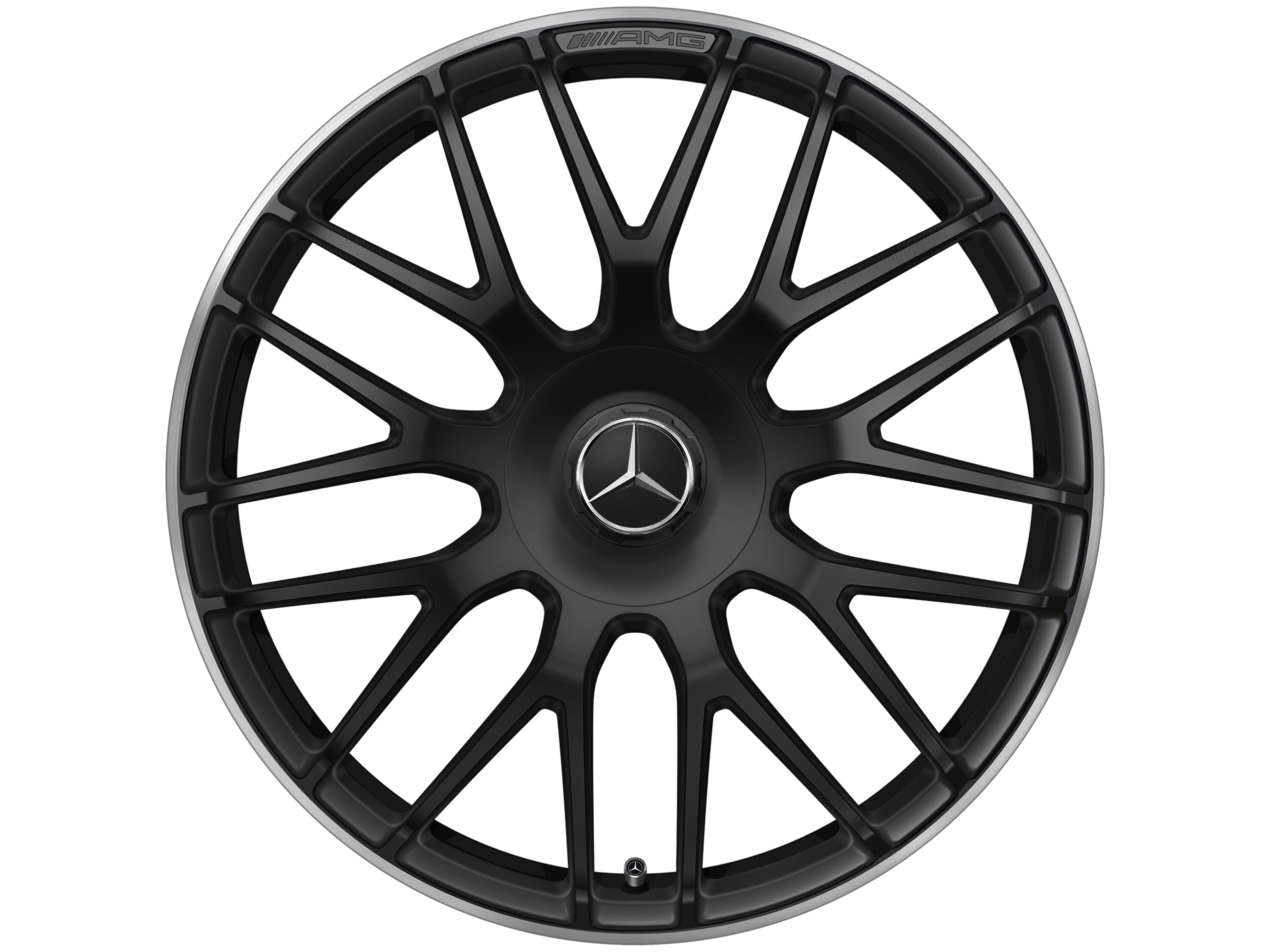 Mercedes-Benz -  AMG Schmiederad im Kreuzspeichen-Design, 19 Zoll, 8,5 J x 19 ET 38, schwarz matt, Felgenhorn glanzgedreht