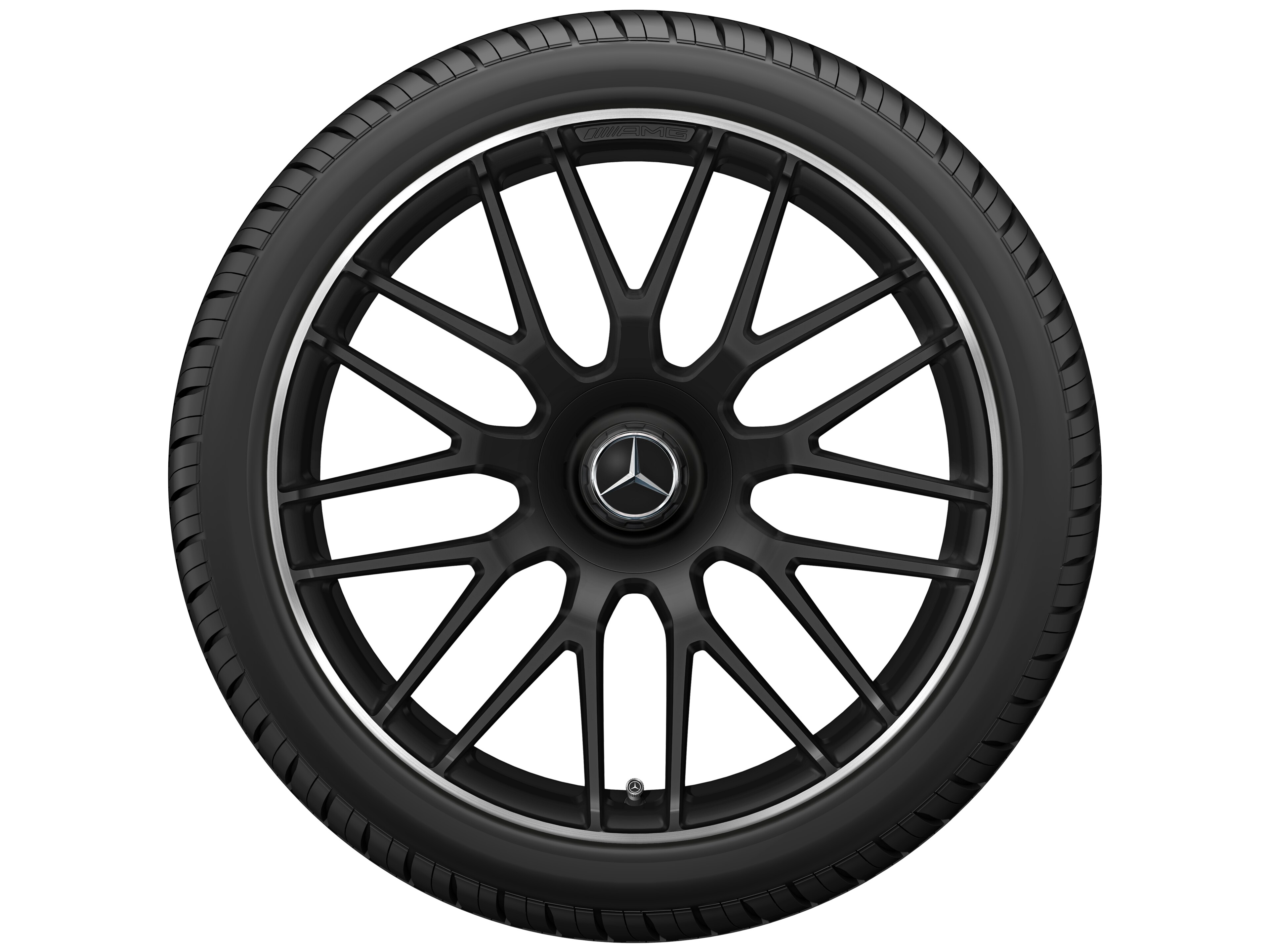 Mercedes-Benz -  AMG Schmiederad im Kreuzspeichen-Design, 19 Zoll, 8,5 J x 19 ET 38, schwarz matt, Felgenhorn glanzgedreht