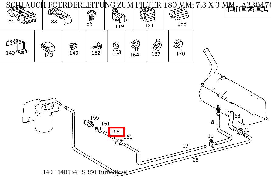 Schlauch FOERDERLEITUNG ZUM FILTER 180 MM; 7,3 X 3 MM S 350 Turbodiesel 140 Schlauch FOERDERLEITUNG ZUM FILTER 180 MM; 7,3 X 3 MM S 350 Turbodiesel 140