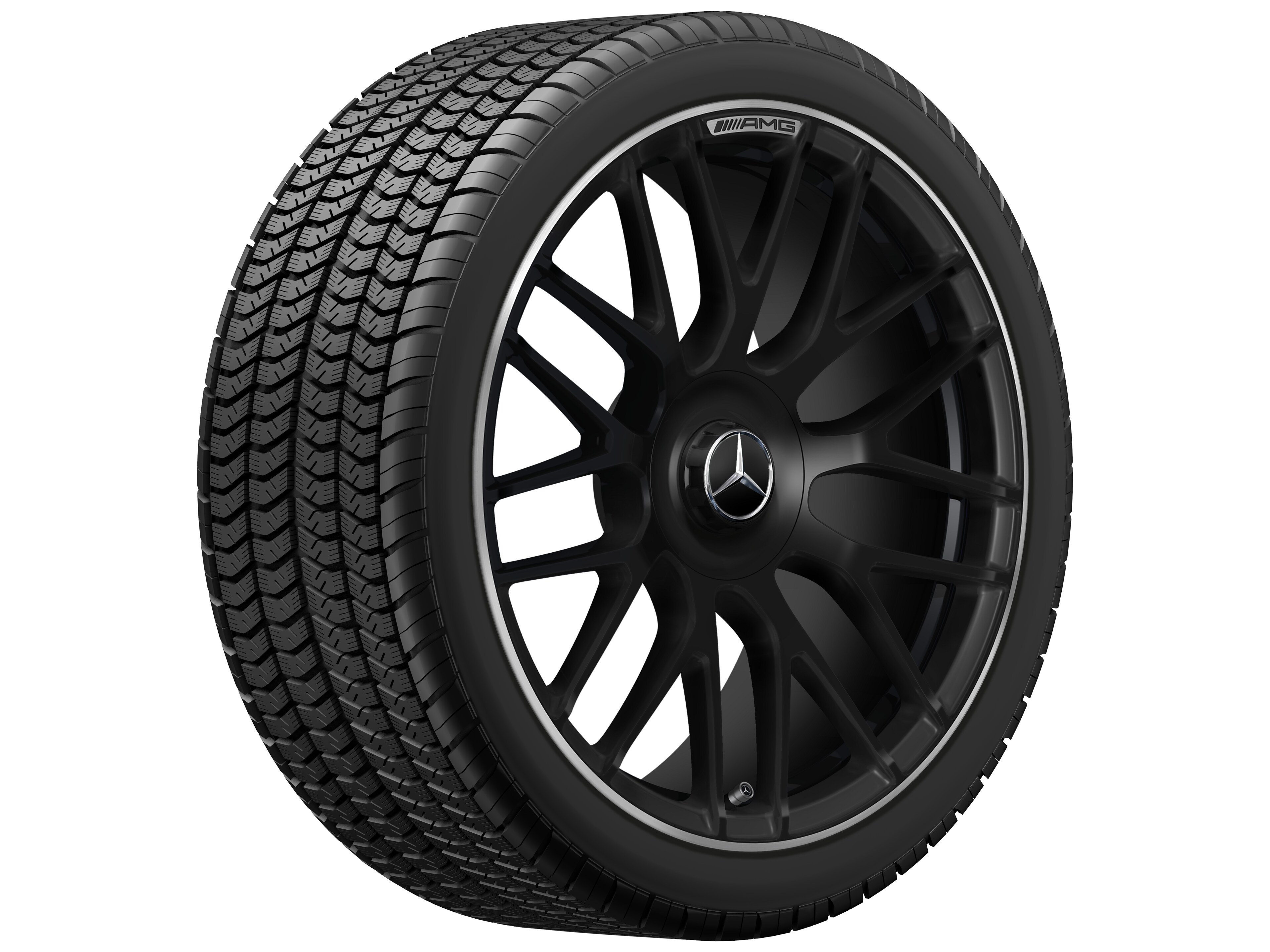 Mercedes-Benz -  AMG Schmiederad im Kreuzspeichen-Design, 19 Zoll, 8,5 J x 19 ET 38, schwarz matt, Felgenhorn glanzgedreht