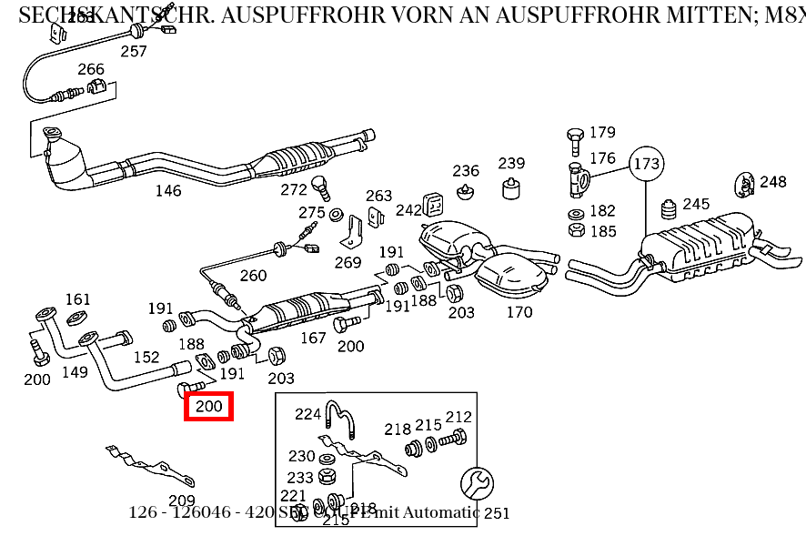 Sechskantschraube AUSPUFFROHR VORN AN AUSPUFFROHR MITTEN; M8X60 420 SEC COUPE mit Automatic 126 Sechskantschraube AUSPUFFROHR VORN AN AUSPUFFROHR MITTEN; M8X60 420 SEC COUPE mit Automatic 126