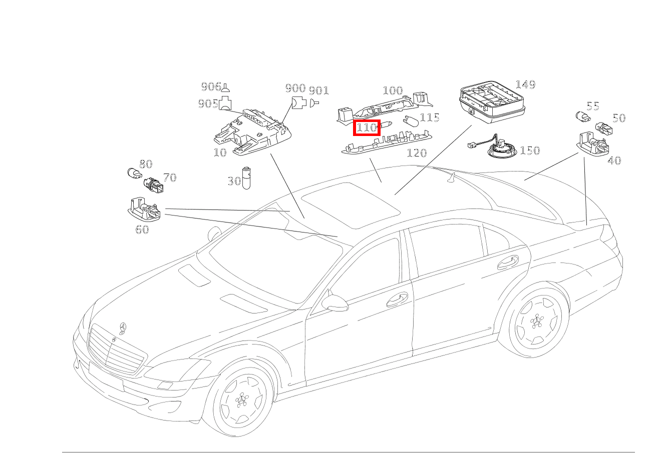 Glühlampe INNENLEUCHTE HINTEN LINKS UND RECHTS; 12V-6W S 550 Limousine lang BCA 221