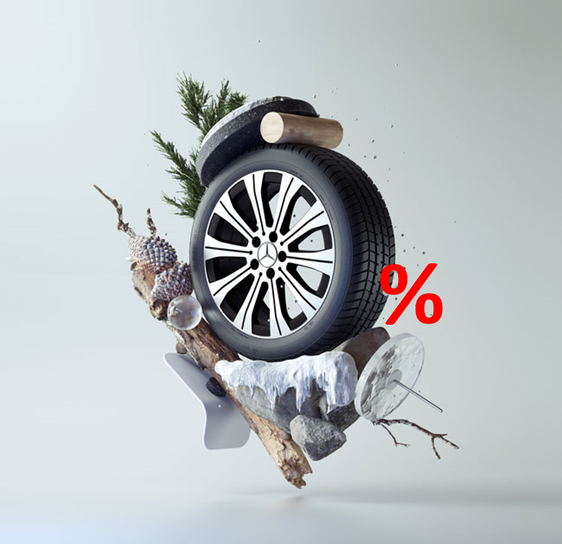 Abgebildet ist ein Autorad auf einem weißen Hintergrund. Das Rad hat eine silberne Felge und ist geschmückt mit winterlichen Gegenständen wie Ästen, Tannenzapfen und Schnee. Das Bild verlinkt auf die Kategorie: Räderoutlet.